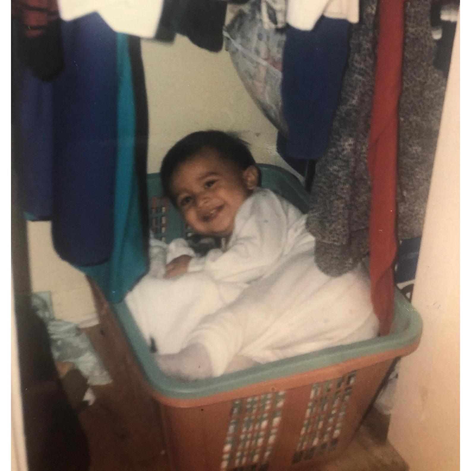 Jimmy having fun with laundry
