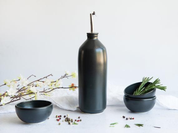 Black satine glaze porcelain oil/vinegar bottle