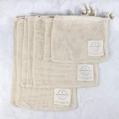 Sandstone & Sage Reusable Produce Bags - Organic Cotton Mesh Zero Waste Biodegradable Grocery Bag Superior Quality Double Stitched with Drawstrings Set of 7 Small - Medium - Large with Tare Weights