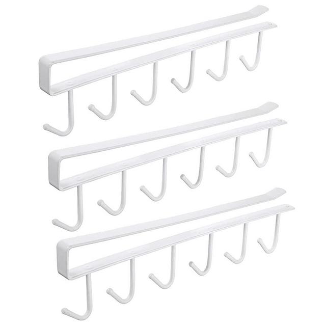Cup Holder Hanger Under Cabinet - Mug Hook Hanger Under Shelf - 3pcs x 6 Hook Coffee Cup Mug Holder Hanger for Kitchen - Fit for 0.8 Inch Thickness Shelf or Less（White）
