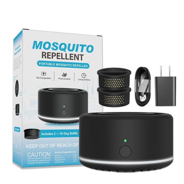 Mosquito Repellent Outdoor Patio, Bug Repellent Outdoor Electronic Rechargeable Mosquito Repeller, Adapter and 2 Plant-Based Refills Included (Black)