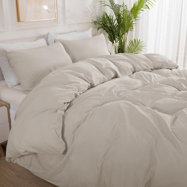 NEXHOME PRO Duvet Cover King Size, 100% Washed Cotton Orgnic Linen Like Textured Breathable Durable Comfy, Cream Grey