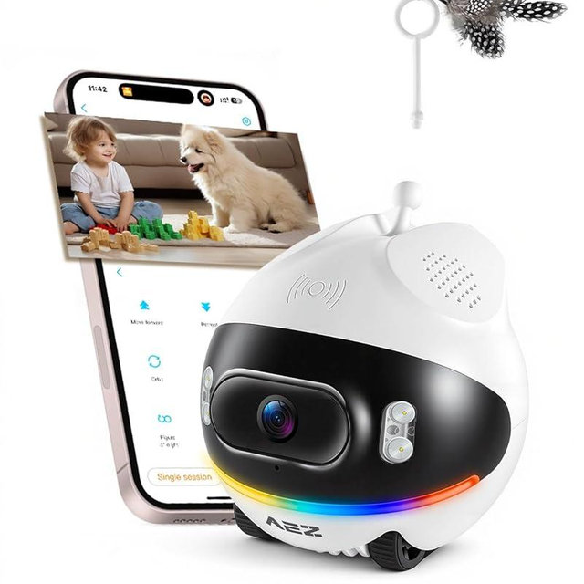 AEZ Robot Camera on Wheels 1080P Dual Lens,Indoor Movable Security Camera with 2-Way Talk,Blinky Bot with Night Vision,Distance Bot App Control for Cats/Dogs/Baby/Elderly (SD/Cloud Storage)