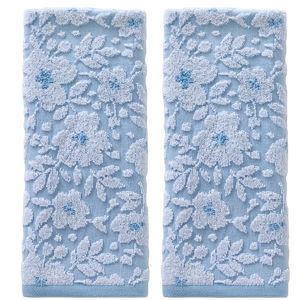 SKL Home Floral Jacquard 100% Cotton 2pc Hand Towel Set, Reversible & Decorative for Bath/Kitchen/Bar & Gift, Sky Blue