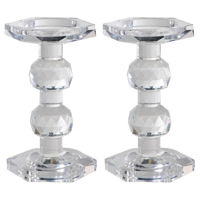7" x 4.3" 2pc Faceted Glass Pillar Candle Holder Clear - A&B Home