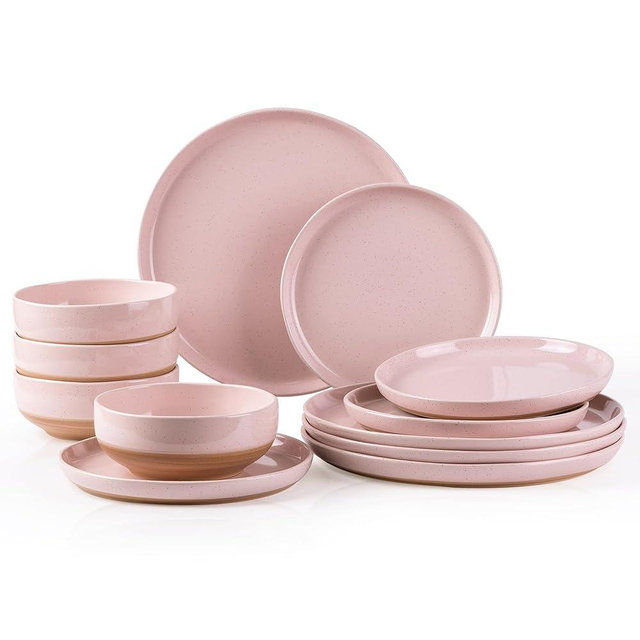 AmorArc Ceramic Dinnerware Sets for 4, 12 Pieces Handpainted Plates and Bowls Set with a wooden type color bottom, Scratch Resistant Stoneware Dishes Set, Dishwasher & Microwave Safe, Cloud Pink