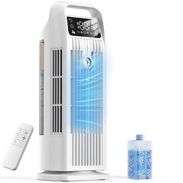 Portable Air Conditioner, 4 in 1 Evaporative Air Cooler with Remote Control, 1200ML Water Tank, 120 Oscillating, 4 Speeds, 12H Timer, Mist Spray Tower Fan for Home Office, White