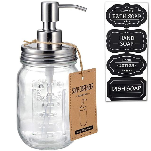 Mason Jar Soap Dispensers - Rustproof Stainless Steel Lid &Pump, Refillable Wash Hand Soap for Bathroom,Kitchen-Ideal for Dish Soap,Liquid Soap, Lotions,Waterproof Stickers,16-Oz/ Brushed nickel
