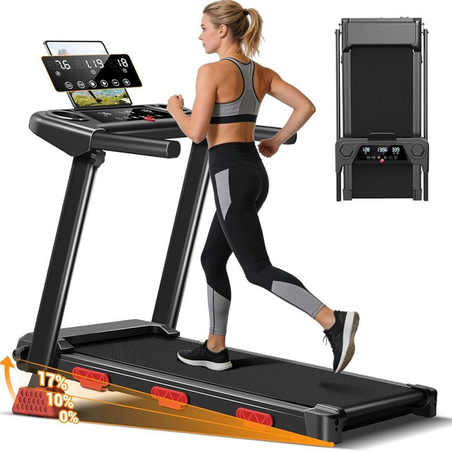 17% Incline Folding Treadmill for Home, 3.0HP Quiet Walking Pad with Handlebars, 350 LBS Capacity Compact Running Machine with 3 LED Displays and Shock Absorbers for Small Spaces