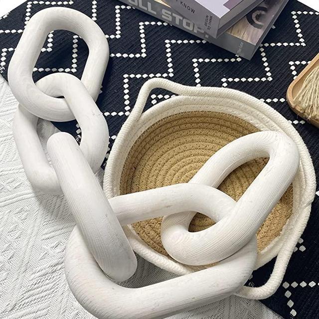Wood Chain Link Decor - 18.9 Inches Length Aesthetic Room Decor, 5-Link Wood Chain Boho Decor for Living Room, Farmhouse Decor, Coffee Table (White)