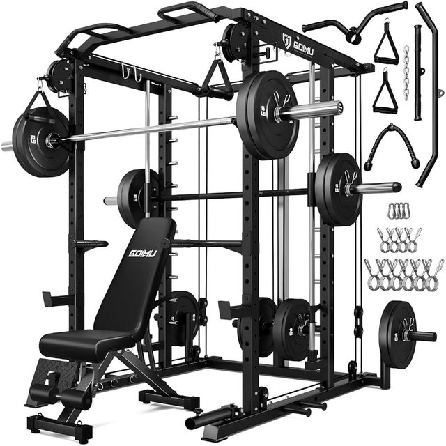 Goimu S1-V4 Smith Machine, 2000LBS Power Cage with Cable Crossover System, All-in-One Squat Rack with Smith Bar, Workout Cage Strength Training Equipment with Attachments
