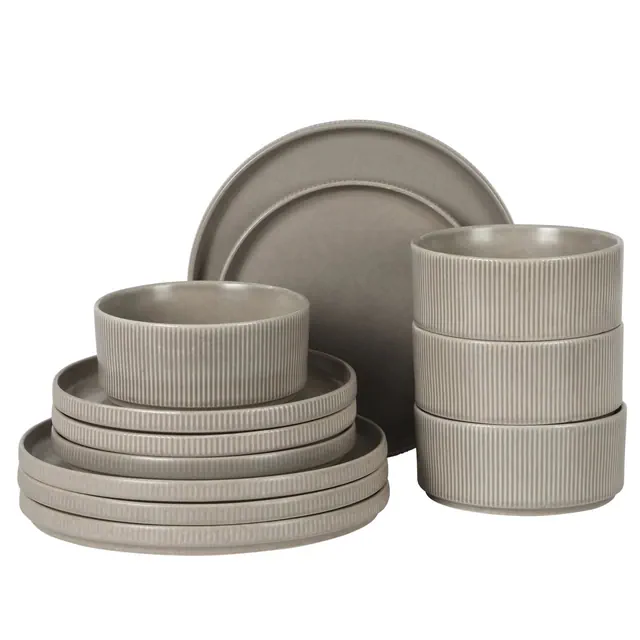 Gibson Elite Avant-Garde 12 Piece Stoneware Dinnerware Set for 4, Plates and Bowls Set with Reactive Glaze, Dinner Plates, Salad Plates, Bowls Grey
