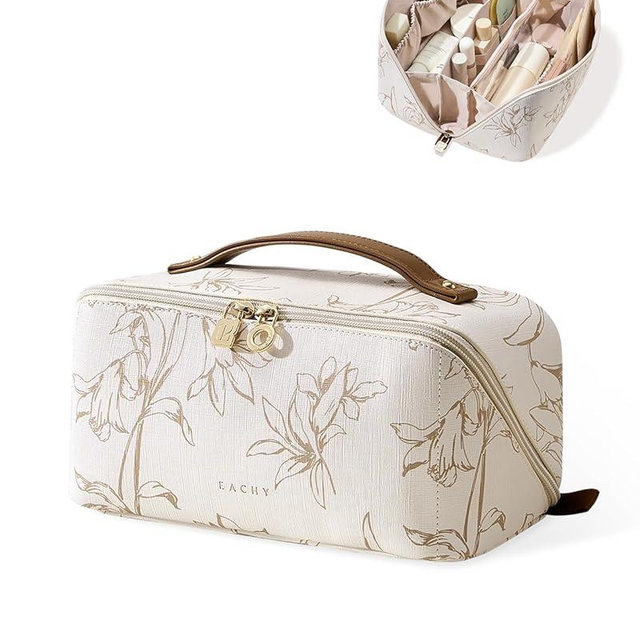EACHY Travel Makeup Bag,Large Capacity Cosmetic Bags for Women,Waterproof Portable Pouch Open Flat Toiletry Bag Pattern Makeup Bag (F-Beige-Large)