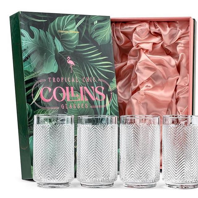 Vintage Flamingo Collins Cocktail Glasses | Tropical Chic Glassware Collection | Set of 4 | 12 oz Crystal Highball Glassware for Drinking Mojito and Classic Hi Ball Bar Drinks | Tall Tumblers