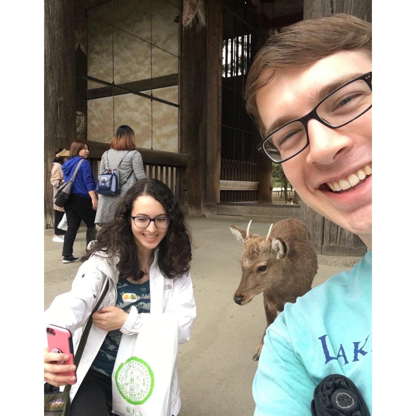 Lucas taking a selfie of Rachel taking a selfie with a deer in Nara, Japan