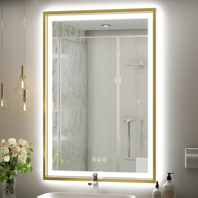 FTOTI 24X36 Inch Led Bathroom Mirror,Frontlit & Backlit Lighted Mirror,Gold Metal Frame Vanity Mirror for Wall,Double Lights Strips,Anti Fog Stepless 3 Colors Temperature & Dimmable