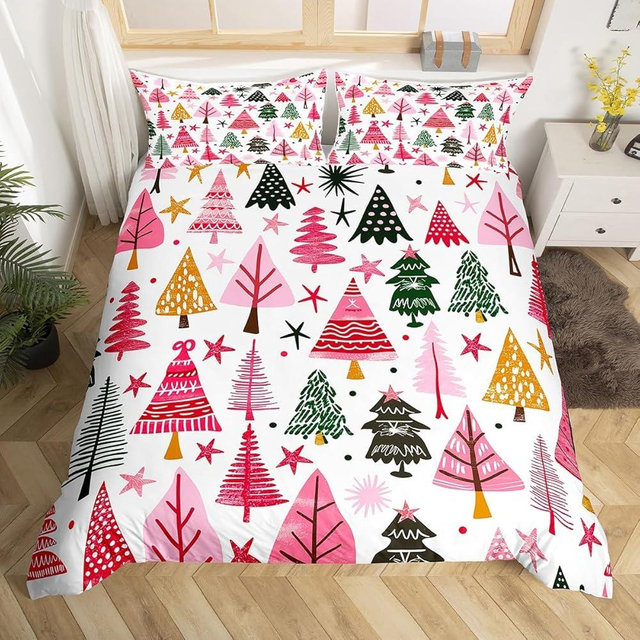 Manfei Cartoon Pine Trees King Size Duvet Cover,Princess Pink Green Christmas Trees Cute Starry Duvet Cover for Adults All Season,Hand Graffiti Style Xmas Gifts Bedding Set,No Comforter