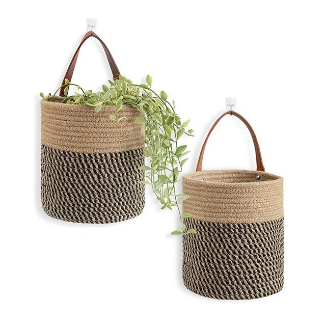 Goodpick 2pack Jute Rope Hanging Basket - 7.87" x 7" Small Woven Fern Wall Hanging Basket Flower Plants, Jute Woven Basket Key Storage Basket, Black and Hemp
