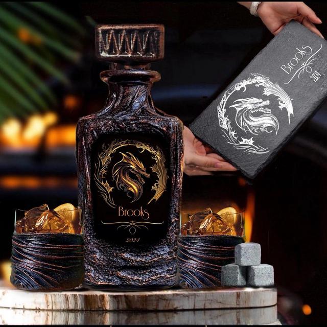 Personalized Dragon Whiskey Decanter Set Custom Slate Cheese Board Bourbon Set Custom Gift Home Bar-Unique Lava Design/Anniversary Husband