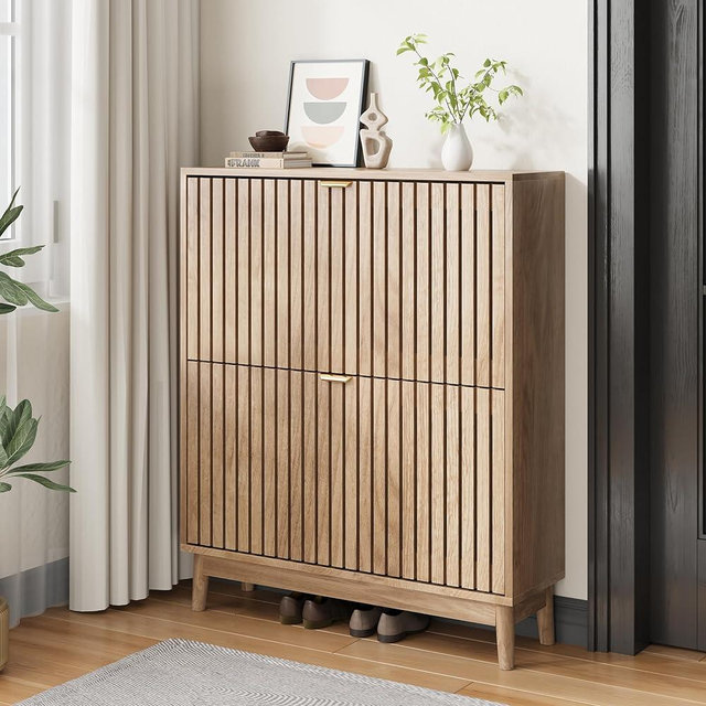Kiasthome 2 Flip Drawer Shoe Storage Cabinet, Wooden Shoe Organizer with Ventilated Slatted Doors for Entryway, Hallway, Living Room (Wood, 31.5" W)