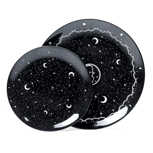 Midnight Dinnerware Set of 2 Plates by Rogue + Wolf Black Plate Sets Contemporary Kitchen Table Gothic Decor, New Apartment essentials for First Home, Aesthetic Accessories Gifts - Luxurious Porcelain