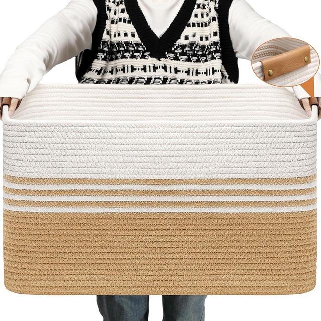 DOFASAYI Storage Baskets - Large Cotton Rope Basket with Leather Handles, Baskets for Organizing, Versatile woven baskets for storage Storage Solution, Khaki