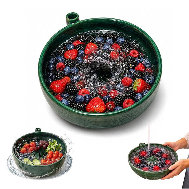 Aeviko Self Spinning Berry Bowl with Drain Holes, Berry Washing Bowl and Fruit Washer Colander for Strawberries, Blueberries, Grapes, Cherry Tomatoes and Small Produce (Green)