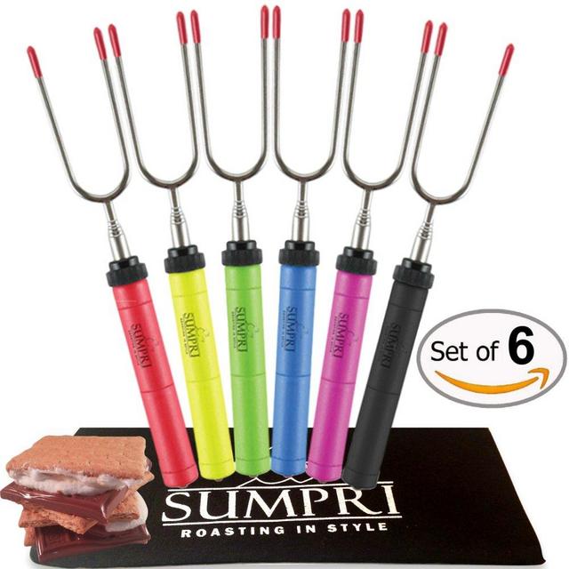 Marshmallow Roasting Sticks, Smores Skewers Telescoping Rotating Forks- SUMPRI SET OF 6 -Hot Dog Fire Pit Campfire Accessories- 6 MULTICOLORED 34 Inch Extendable Steel Fork Kit Camping Grill Cookware