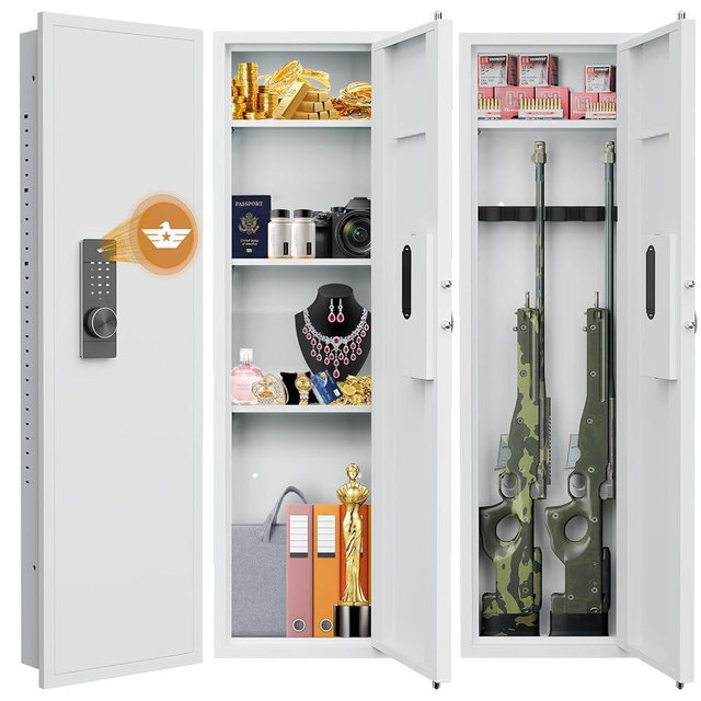 Omethey 53.15" Wall Safe Between the Studs, Hidden Safe with Dual Alarm System and Silent Mode, Wall Gun Safe with 3 Adjustable Shelves and Magnetic Slot (White-Digital)