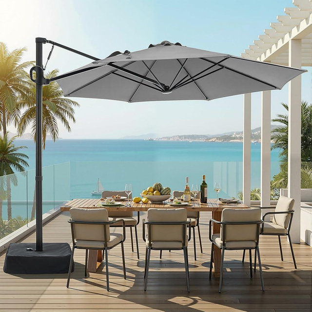 SUPERJARE 9ft Cantilever Umbrella with Base Included, Large Outdoor Umbrellas for Patio, Foot Pedal for 360° Rotation, Durable Metal Ribs, Offset Patio Umbrella, for Pool, Deck, Grey