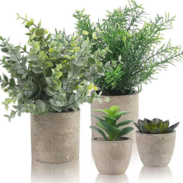 Small Fake Plants Set of 4 - Eucalyptus Rosemary Succulents Plants Artificial in Pots for Home Decor Indoor - Mini Faux Potted Plants for Bedroom Bathroom Living Room Desk Shelf Decoration