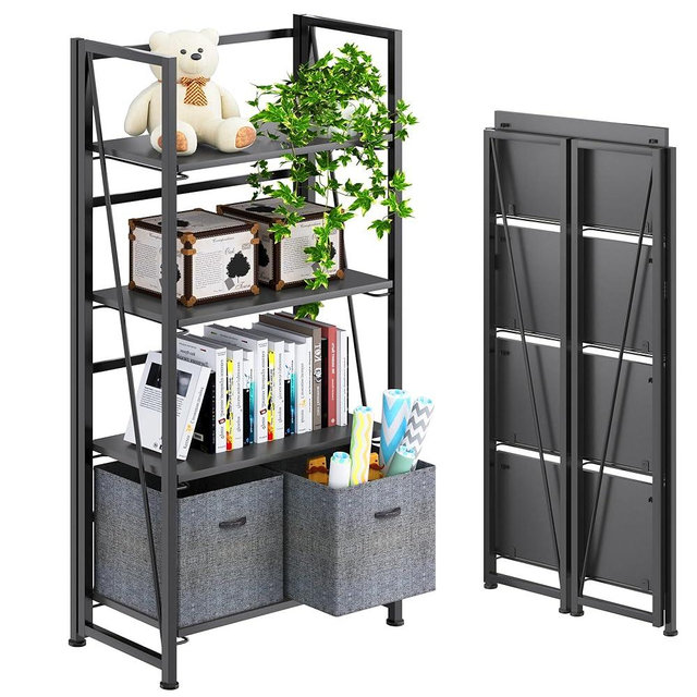 4NM No-Assembly Folding Bookshelf Storage Shelves 4 Tiers Vintage Bookcase Standing Racks Study Organizer Home Office (All Black)