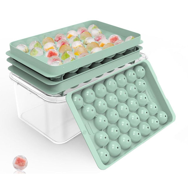 Round Ice Cube Trays with Lid and Bin (2-Pack) - Ice Trays for Freezer,BPA-Free Stackable Ice Ball Maker Mold for Freezer, Makes 62 Ice Balls for Cocktails, Whiskey, Coffee & Parties