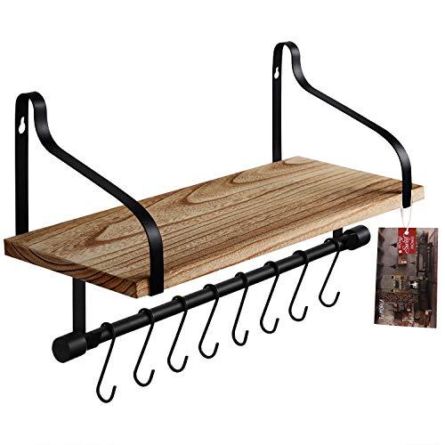 TJ.MOREE Coffee Shelf Wall Mounted, Kitchen Shelf with 8 Hooks, Mugs Rack, Coffee Bar Shelf, Rustic Floating Storage Shelves Wall Decor