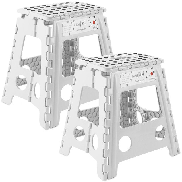 Casafield 16" Folding Step Stool with Handle - White, Collapsible Foot Stool for Adults, Use in Kitchen and Bathroom