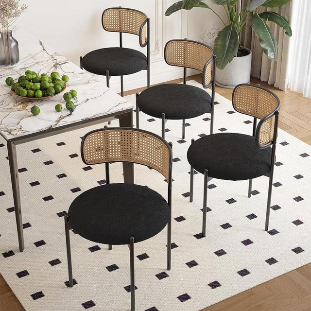Farini Kitchen Chairs Set of 4, Mid-Century Modern Dining Chairs,Kitchen Dining Room Chairs, Rattan Backrest Round Upholstered Sherpa Dining Chairs,Black