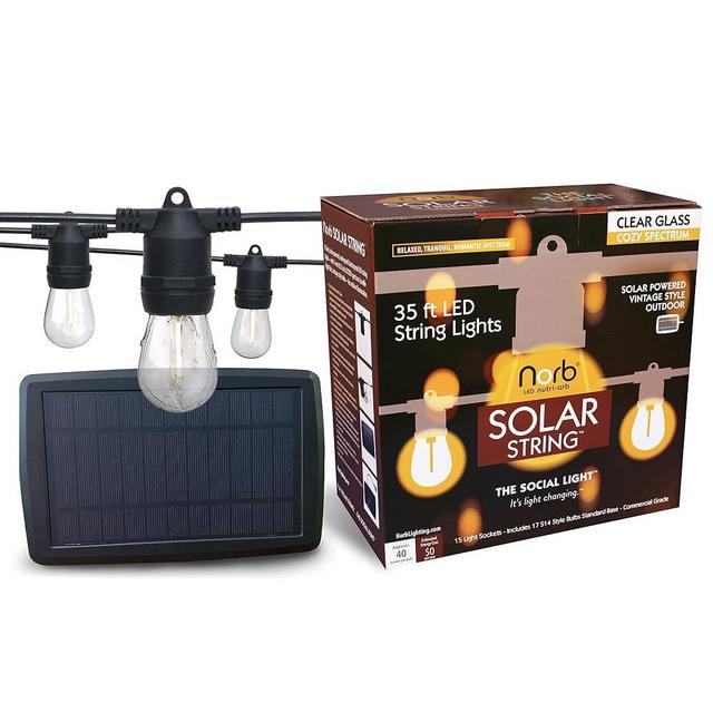 NorbSOLAR 35 FT. Solar String Light with NorbCOZY Light Spectrum. Includes 1 Watt Outdoor Shatterproof Vintage Style LED Bulbs and Solar Panel. Easy Install for Backyard and Patio Ambiance