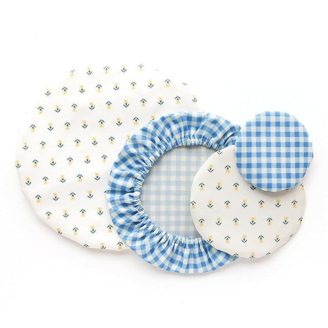 Esembly Bowl Caps - Reusable Bowl Covers in Pack of 4 - Waterproof, Washable Lids for Leftover Food, Fruits and Snacks - Buds + Gingham, 4-Pack