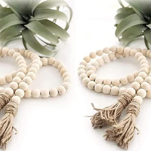 LSKY 58In/pc Wood Bead Garland Rustic Tassels Farmhouse Beads for Farmhouse Wall Hanging Decor (2 Pack)