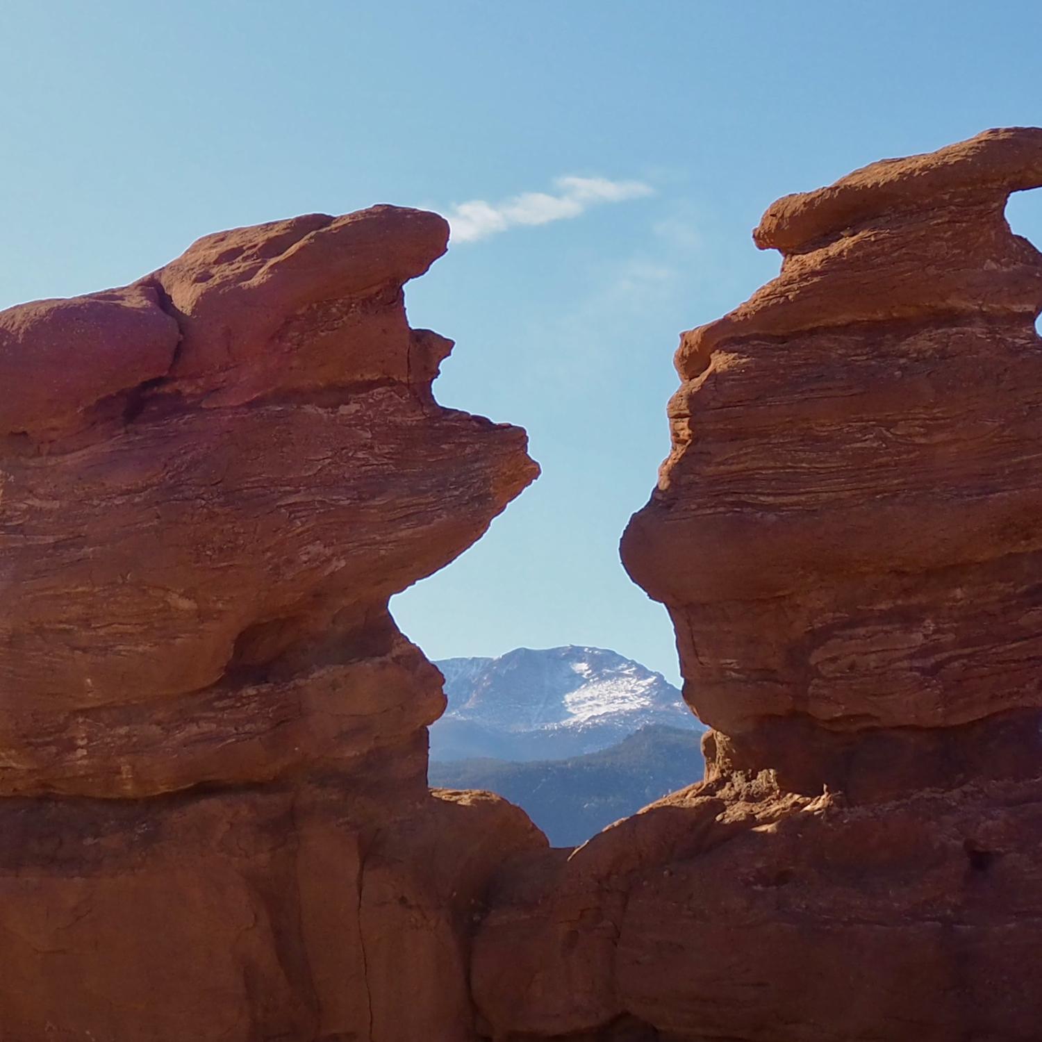 The Siamese Twins rock formation with Pikes Peak in the background
