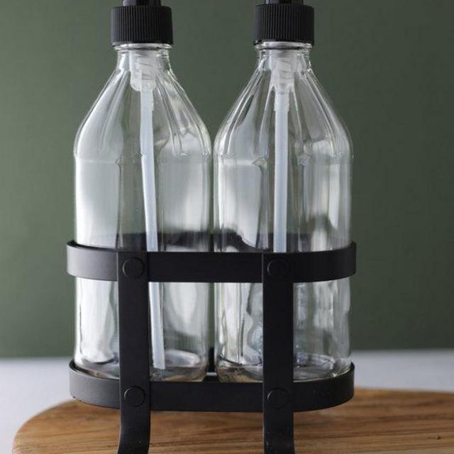 Vintage Kitchen Dish Soap + Hand Soap Dispenser Set with Black Metal Stand / Caddy