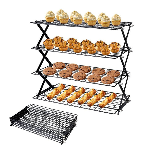 4 Tier Collapsible Cooling Rack, Adjustable Stackable Stainless Steel Baking Rack with Leak-Proof Mesh & X-Shaped Structure, Dishwasher Safe for Cookies, Bread, Pastries
