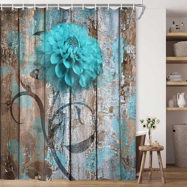 JAWO Farmhouse Flower Floral Shower Curtain, Rustic Teal Turquoise Dahlia Shower Curtain Set, Country Blue Wild Garden Plant Fabric Shower Curtain with Hooks, Surreal Bathroom Curtain, 69x70inch
