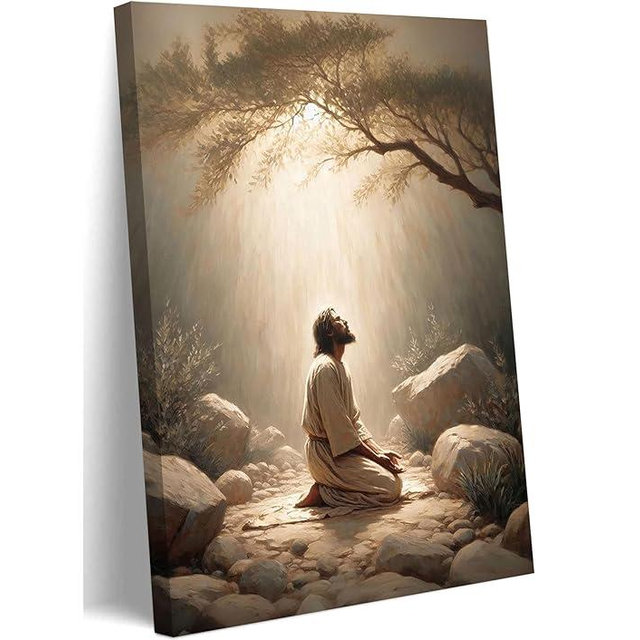 Jesus Prayers Canvas Wall Art God Divine Mercy Portrait Tranquility Painting Picture Wall Decor Jesus Praying in the Garden of Gethsemane Poster Prints for Bedroom Church Home Decoration 12x16