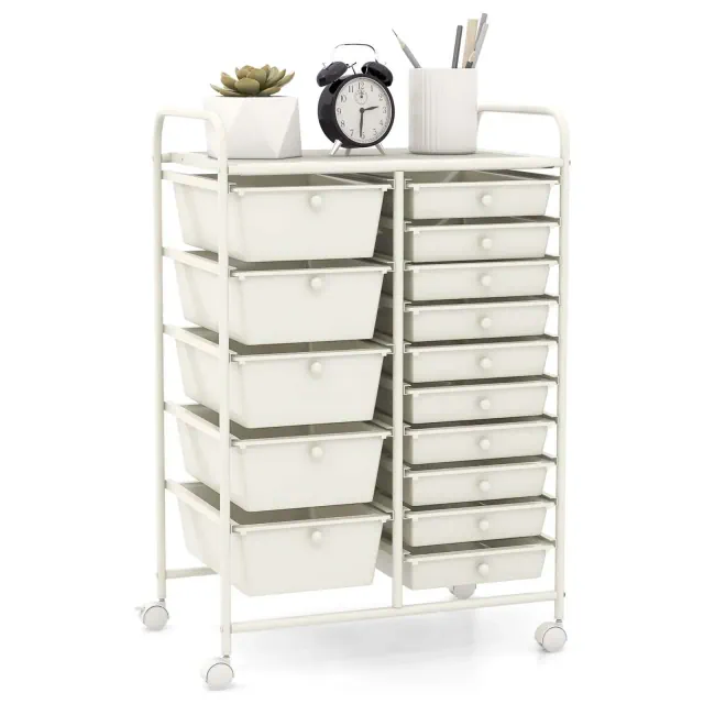 Costway 15 Drawer Art & Craft Rolling Storage Cart Tools Scrapbook Paper Office School Organizer White