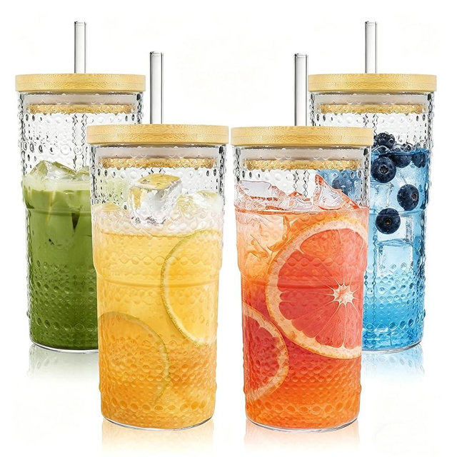 Icesip 4 Pack 20oz Hobnail Drinking Glasses with Bamboo Lids and Glass Straw,High Borosilicate Glass Tumbler Cup Reusable Wide Mouth Smoothie Cups,Beer, Iced Coffee Glasses, Soda