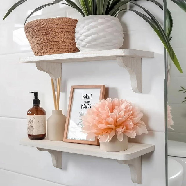 Real Wood White Wall Shelves for Bathroom - 17 inch (2 Pack) - Easy to Install, Template and Video Included - Wall Shelves for Living Room, Long Shelves for Bedroom
