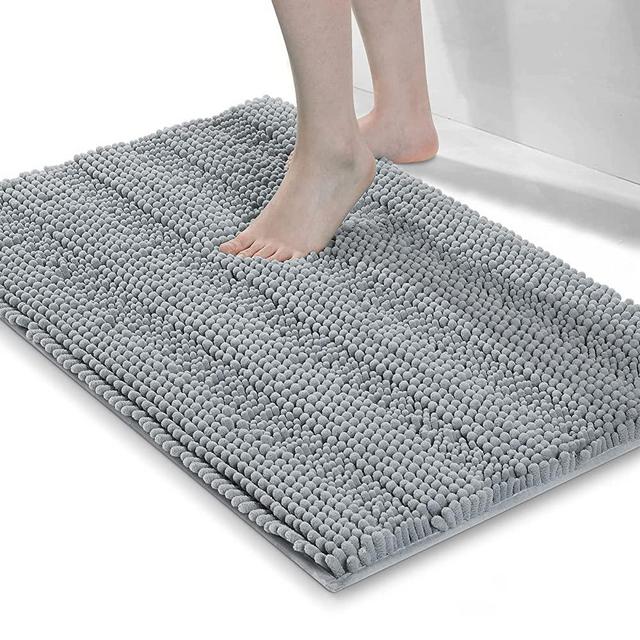 Grandaily Chenille Striped Bathroom Rug Mat, Extra Thick and Absorbent Bath Rugs, Non-Slip Soft Plush Shaggy Bath Carpet, Machine Wash Dry, Bath Mats for Tub, Shower and Bath Room, 17x24, Grey