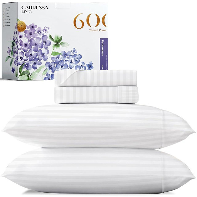 Carressa Linen Luxury Egyptian Cotton Queen Stripe Sheet Set - 600 Thread Count Extra Long Staple 4 PC Set, Crisp White Queen Damask Sheets, Soft, Cooling Sateen Weave Sheets Upto 18 in Deep Pocket