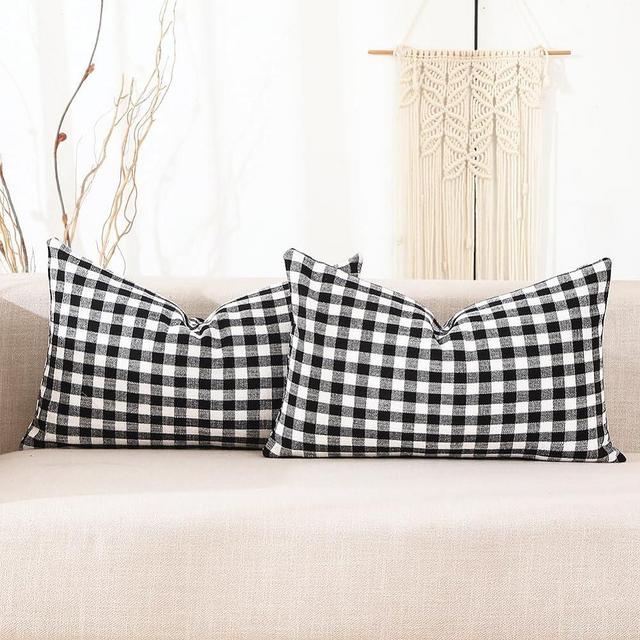 CARRIE HOME Black and White Buffalo Plaid Outdoor Lumbar Pillow Covers 12x20 Set of 2, Modern Farmhouse Decor Linen Pillows, Black White Winter Christmas Bedroom Plaid Decor (No Pillow Inserts)